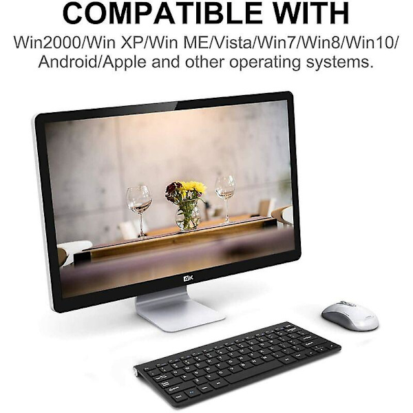 Trådløst tastatur, Mini Usb, Ergonomisk, Lydløst, Gummi til pc, bærbar computer, tv, computer
