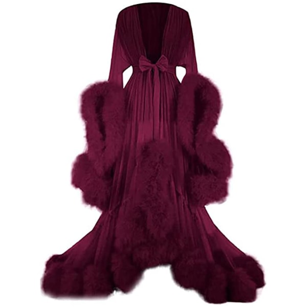 Kvinders efterhængende lang kjole med fjerudsvingede ærmer perfekt til polterabend Wine Red 3XL