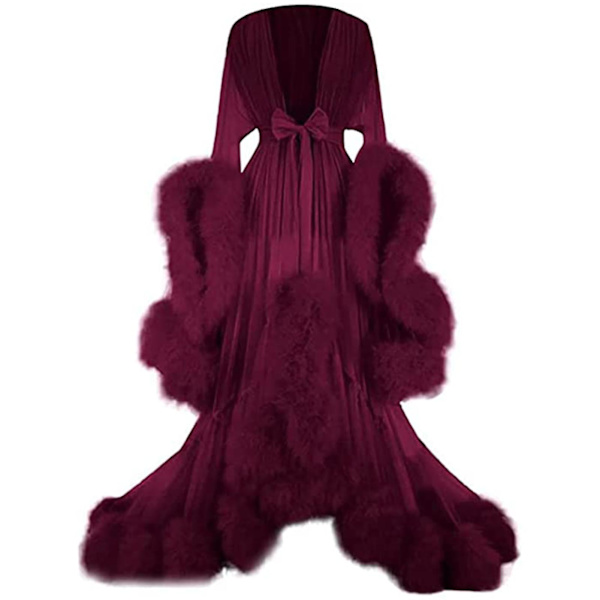 Kvinnors släpande lång klänning fjäder utsvängda ärmar klänning perfekt för möhippor Wine Red 3XL