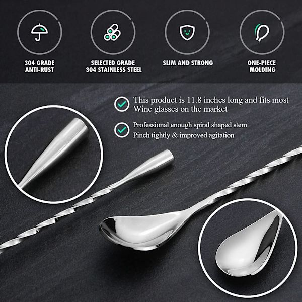 Cocktail Ske, Rustfrit Stål Bar Teske Lang Skaft Cocktail Shaker Spiral Design Perfekt til Omrøring og Lagdeling af Drikke (Sølv) silver