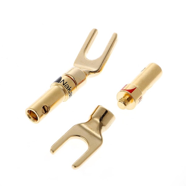 8 stk messing gullbelagt Y spade høyttalerplugger lyd skrue gaffelkontakt adapter