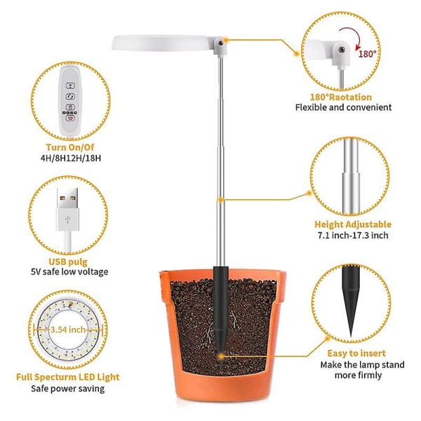 LED-växtlampa, halo-växtlampa för inomhusväxter som växer, automatisk timer 4/8/12/18, för bonsai-suckulent