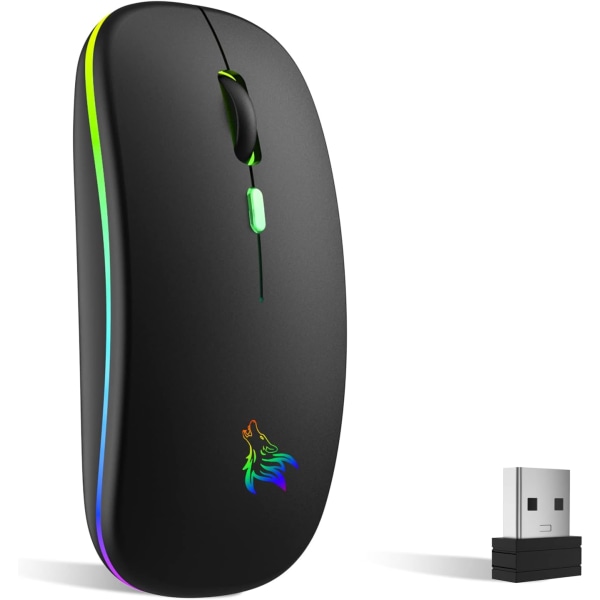 Oppladbar trådløs mus, 7 farger bakgrunnsbelyst mus med 2,4 GHz mini USB-mottaker, spillmus, kompatibel med bærbar PC, PC, datamaskin, Chromebook, ikke