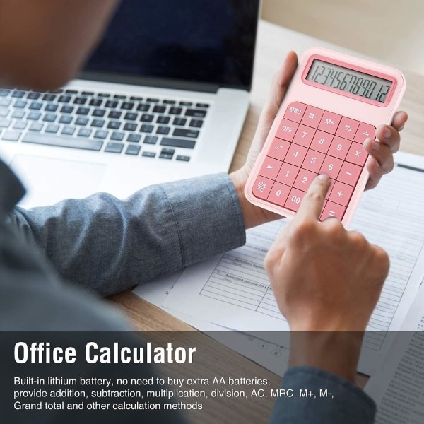 Datorräknare för skrivbord, 12-siffrig stor display, batteridriven LCD-display, kontorsräknare - Rosa