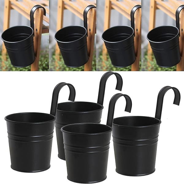Set med 4 svarta hängande planteringskrukor med löstagbar krok för utomhusbruk inomhus eller utomhus