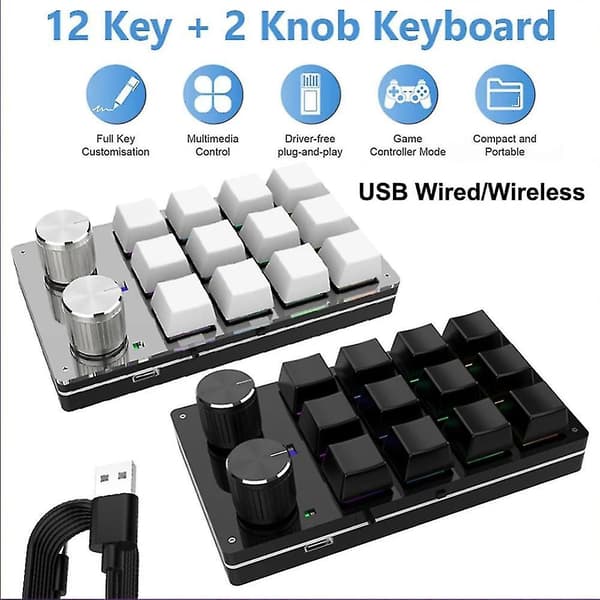Bluetooth USB Makro Mini-tangentbord 12 Tangenter 2 Knoppar Programmeringsknapppanel Anpassning Spel Mekanisk