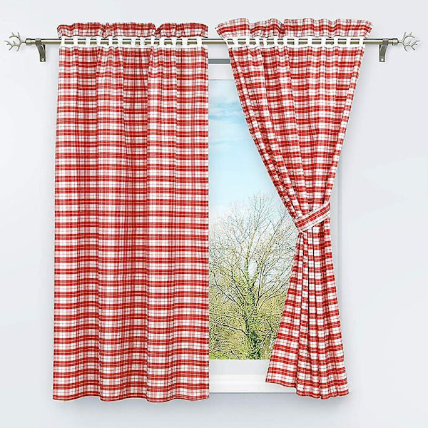 Setti 2 pimennysverhoa, rei'itetty, 2 ruudullinen ikkunakoristetta sisämakuuhuoneeseen, punainen, K/L 120/80cm