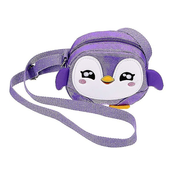 Liten flickväska, små strumpor, fyllning, barn, axelväska, messengerbag med dragkedja (lila pingvin