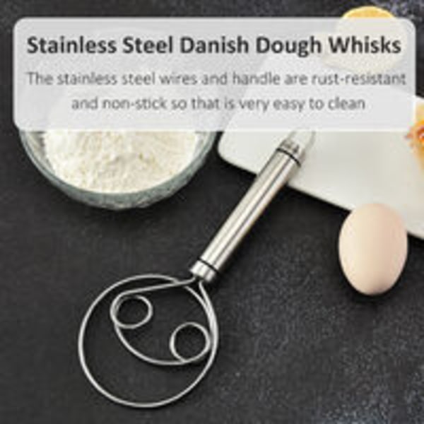 Tanskalainen taikinavispilä, elintarvikelaatu 304 ruostumattomasta teräksestä valmistettu käsisekoitin 8,5 tuuman leipävispilä tanskalainen vispilä leivontatyökalu leipätaikinaan tai pizzataikinaan (hopea)