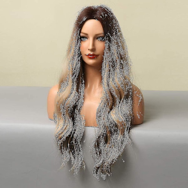 Ombre brun og blond parykk med brune hårrøtter midtskill lang bølge varme