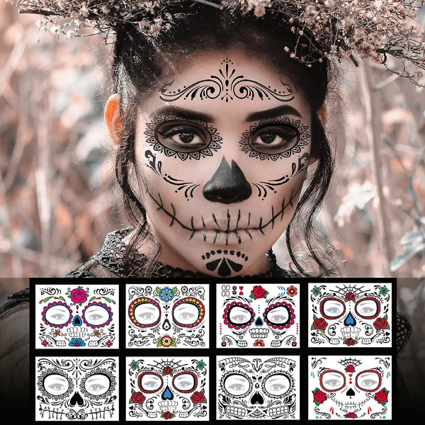 8 Pack Day Of The Dead Sugar Skull Face Temporary Tattoo Halloween Makeup Tattoo Stickers til Halloween Masquerade Party