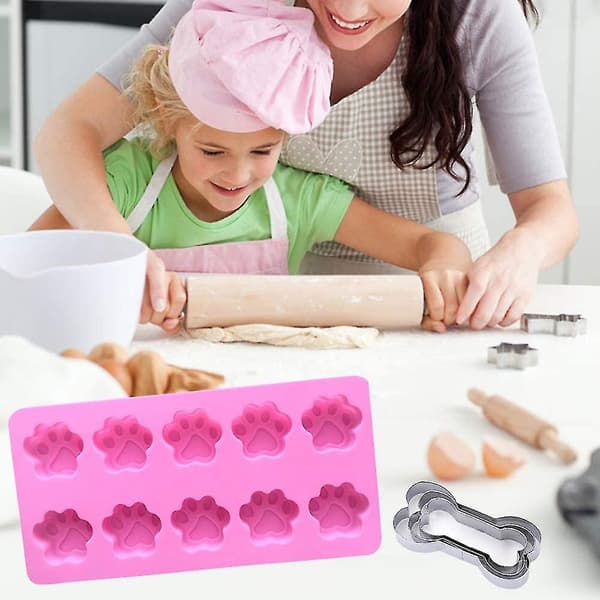 Sæt med 4 silikoneforme med hundepoter og 3 pakker rustfrit stål knogle cookie