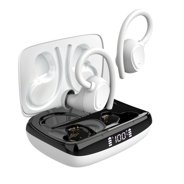Bluetooth-hodetelefoner 5.1, trådløse sportshodetelefoner IP7 vanntett Bluetooth-hodesett 48H Hi-Fi Stereo med dobbel mikrofon, CVC 8.0 støyreduksjon White