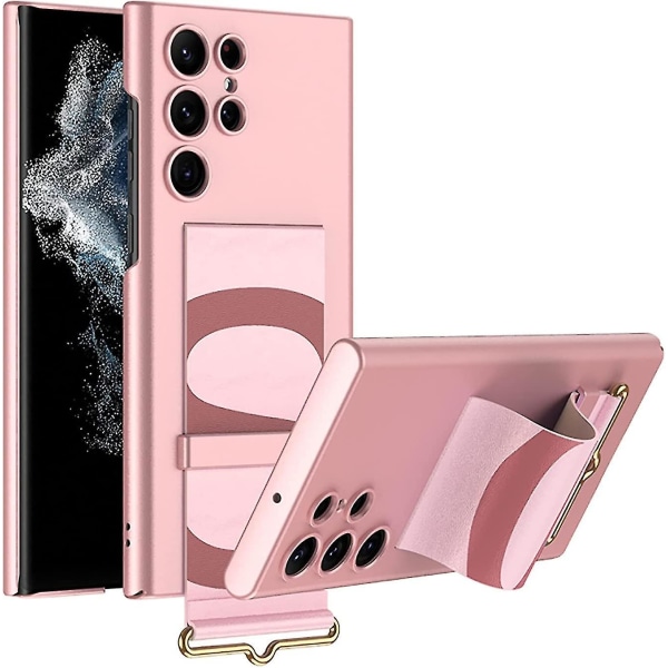 Slank Pc Støtsikkert Støttestativ Etui Kompatibel Med Samsung Galaxy S23 Ultra/s23 Plus/s23 Med Lær Armbånd Pink S23 Plus