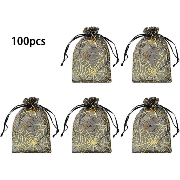 100 kpl Organza-laukut Vedettävät mustat hämähäkinverkkopakkauspussit Joulukaramellikorulaukut (musta hämähäkinverkko)