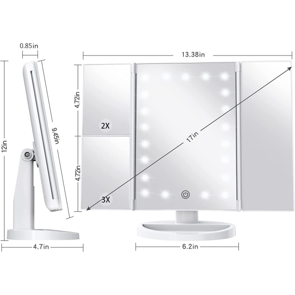 Spegel sminkspegel med lampor, 1x 2X 3X förstoring, Li