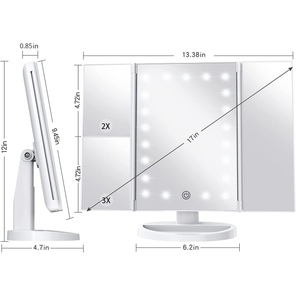 Speil Skjønnhetsspeil med lys, 1x 2X 3X forstørrelse, Li