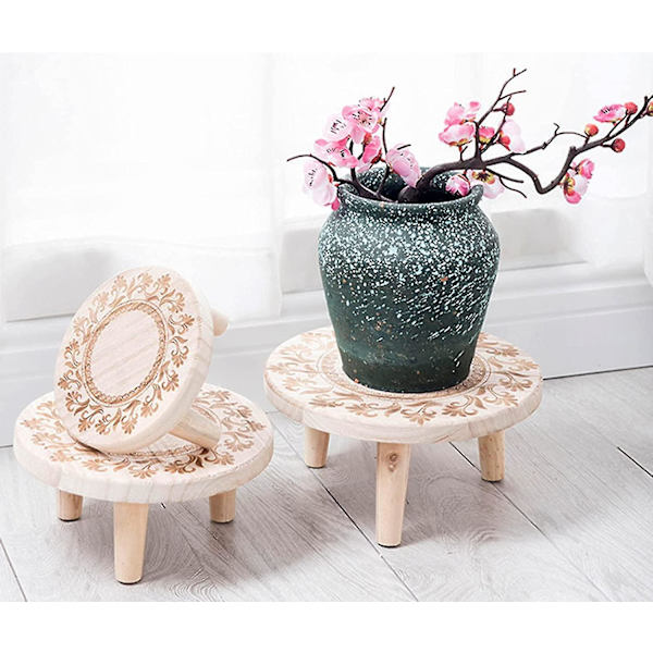 Mini träpall rund dekorativ blomkruka hållare inomhus utomhus rustik trädgårdsdekor (medium)