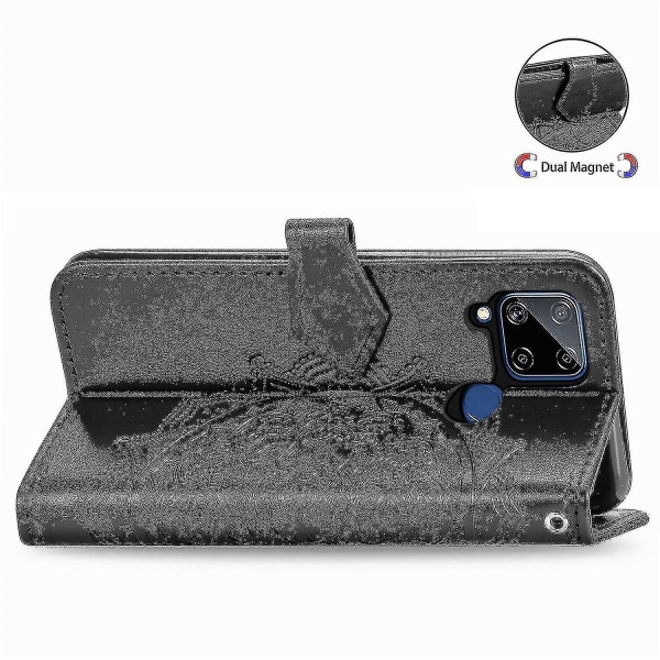 Realme C15 Case Nahkainen Lompakon Cover Kohokuvioitu Mandala Magneettinen Flip Protection Iskunkestävä - Musta
