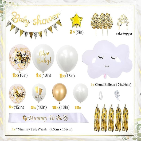 Baby Shower Dekorationer Pojke Eller Flicka, Vita Och Guld Baby Shower Dekorationer Med Mummy To Be Sash, Baby Shower Banner, Tryckta Ballonger Och Oh Baby C