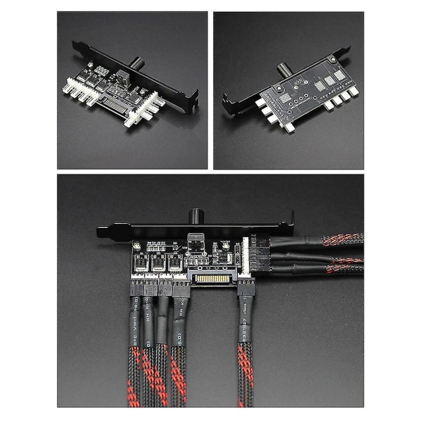 8-veis PC-viftehub med viftehastighetsstyring, PCI-spor, SATA/Molex 4-pins grensesnitt