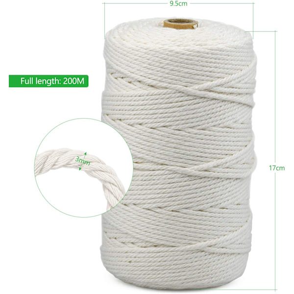 Bomullsrep, 3mm x 200m Blondering 100% Naturlig Bomullsrep f