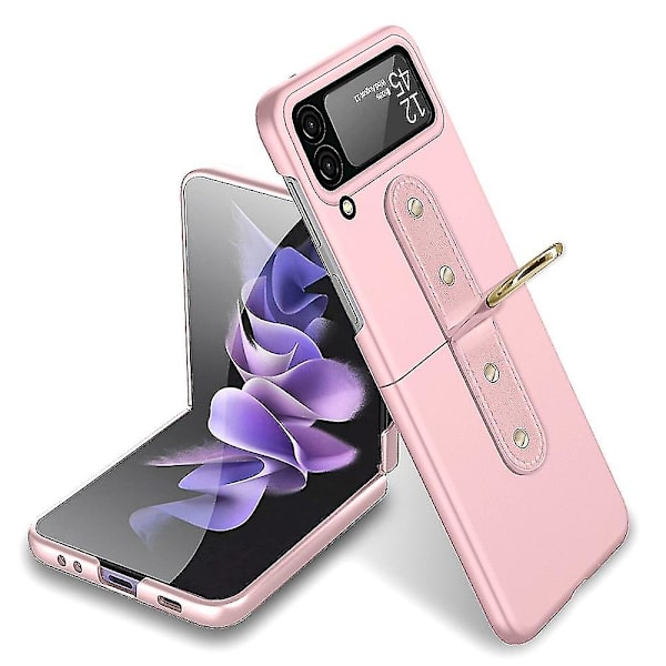 Nahkainen saranasuojakotelo, yhteensopiva Samsung Galaxy Z Flip 4:n kanssa, jossa rengasjalusta Pink