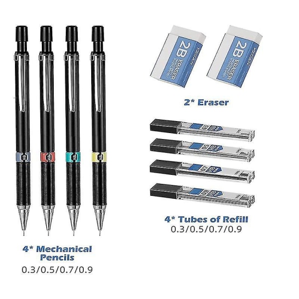Mekanisk blyantsæt 0,3 0,5 0,7 0,9 mm, automatisk blyant, 4 stk. med viskelæder og blyrefill F