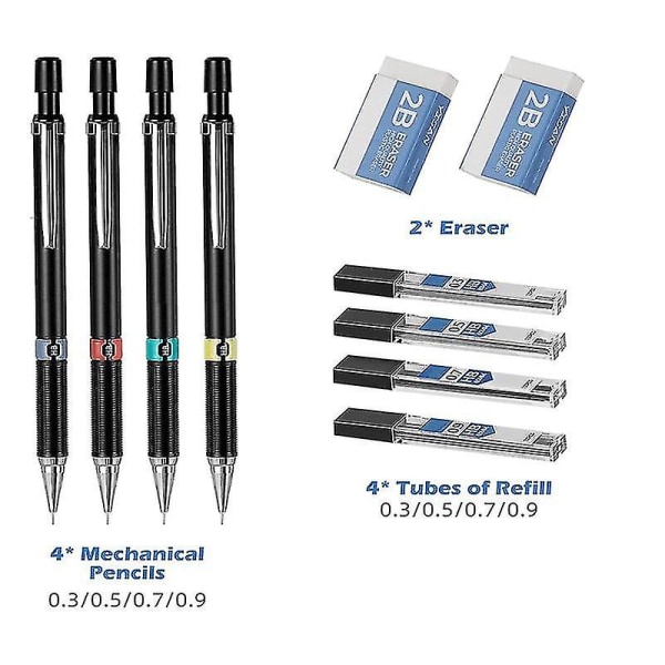 Mekanisk blyantsett 0,3 0,5 0,7 0,9 mm, automatisk blyant, 4 stk med sletter og blypåfyll F