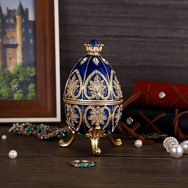 Emalje Fabergé æg, dekorativ hængslet smykkeskrin med funklende rhinsten, unik gave/pynt til hjemmets kommode fødselsdagsfest (blå) blue