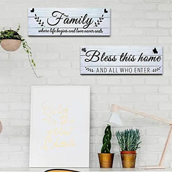 2 stk. Familie Rustikke Trescilt med Bless This Home Trescilt Veggkunst Dekor Gårdshus Familie Inngangsskilt Hjemmedekorasjon for Soverom Stue Kontor