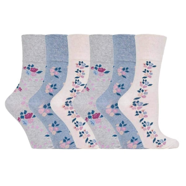6 stk. damestrømper med blidt greb, ikke-elastiske, str. 4-8 UK Floral beige / blue