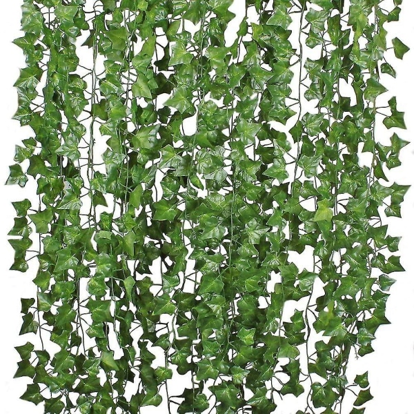12 tråder kunstige eføybladplanter Vinranke hengende krans falske bladblomster Hjem Kjøkken Hage Kontor Bryllupsveggdekor, 84 fot, grønn