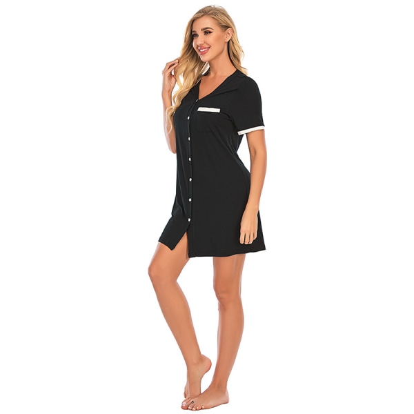 Kortärmade nattlinnen för kvinnor, nattkläder med knappar för kvinnor Klassisk sovskjortaklänning (XL)