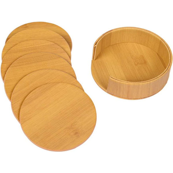Juomien aluslautaset 6 kappaleen nahka-aluslautasen setti pidikkeellä, bambukuvioiset pyöreät aluslautat kodin ja keittiön käyttöön bamboo pattern