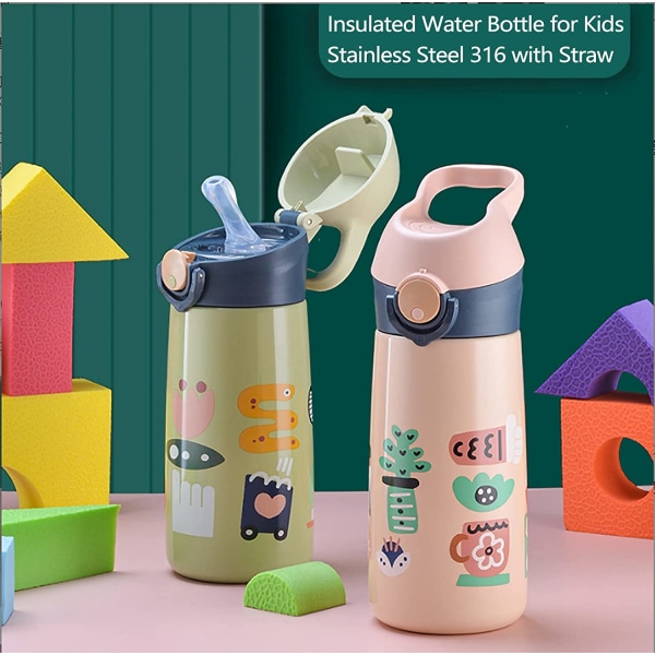Børneisoleret vandflaske med halmflip-top, rustfri