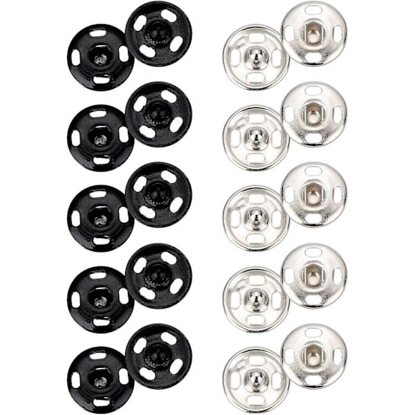 100 sæt sy-på trykknapper - Metal trykknap knapper til syning af tøj, sort og sølvfarvet, 10 mm