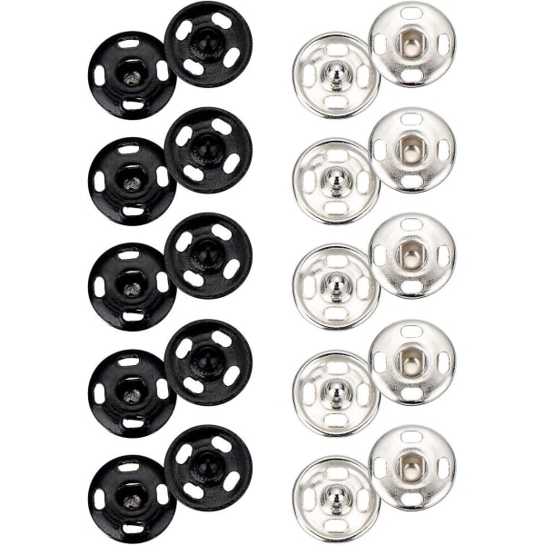 100 set påsydda tryckknappar - tryckknappar i metall för att sy kläder, svarta och silverfärgade, 10 mm