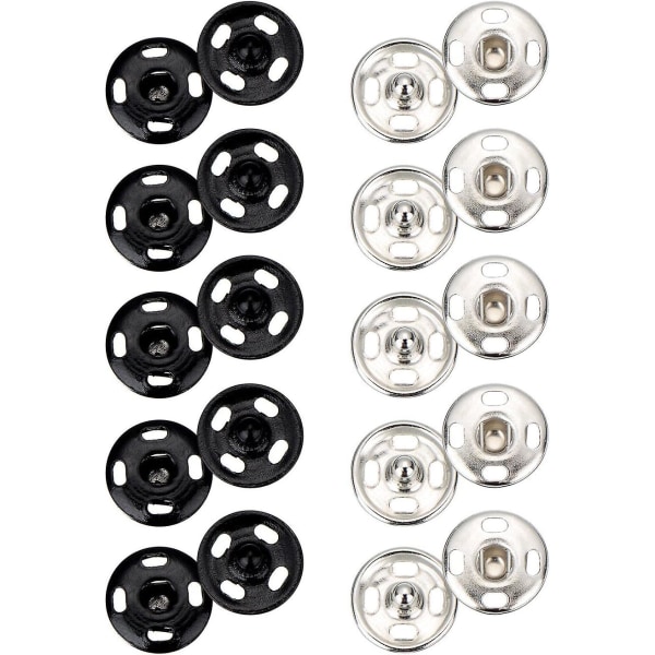 100 set sy-på tryckknappar - Metall tryckknappar för sömnad kläder, svart och silverfärgad, 10 mm