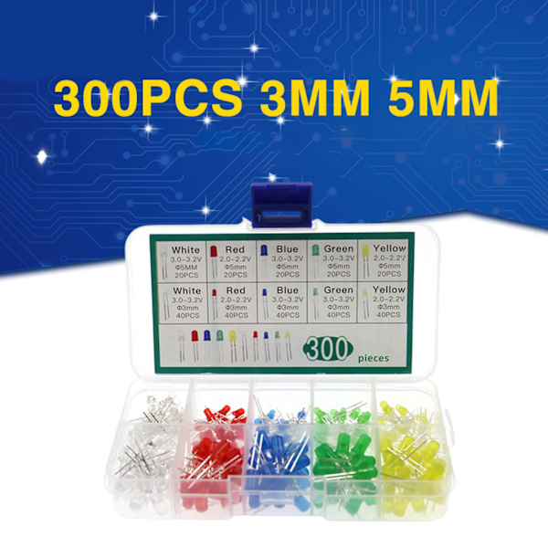 500 stk. LED-diodelys, 5 farver 5 mm og 3 mm lysdioder LED-assortiment