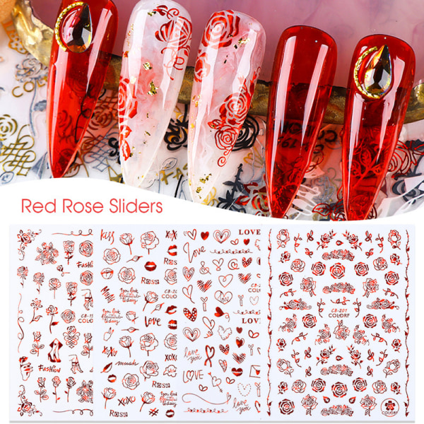 8 ark Valentines Nail Art Stickers Decals Selvklæbende rødt hjerte N