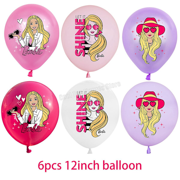 Ny film Barbie bursdagsfest dekorasjon rosa tema figurer ballongsett bakteppe papirplate vev servisetilbehør Mixed balloons-6pcs