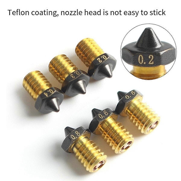 6 stk. VORON/MK3S Printer V6 PTFE-belagt Messingdyse 0.2/0.3/0.4/0.5/0.6/0.8mm 3D Printer Dyser