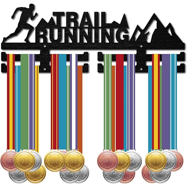 Trail Running Medaljhängare Display Sportmedaljhållare Svart Trä Tävling Väggmonterad Hylla Ramkrok Bandvisning Spring för Hemmärke 2 Rader O