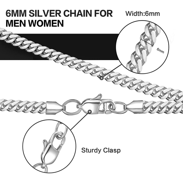Mænds sølvkæde, 6mm cubansk kæde halskæde halskæde mænds smykkegave kvinder, mænd, pige pige pige super stærk skinnende herre kæde 22-tommer