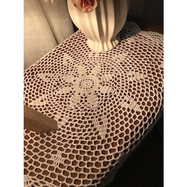 Handgjord virkad spetsduksduk i bomull, rund, vit, 19 I 60cm round