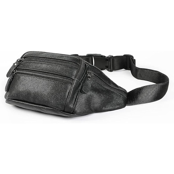 Læder Fanny Pack til kvinder og mænd, ægte bæltetaske til vandreture, rejser og løb - sort