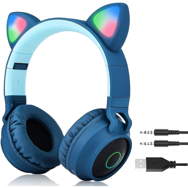 Bluetooth Trådløse Cat Ear-hovedtelefoner, Luminous Ear-hovedtelefoner Børnehovedtelefoner Sd-kortplads, FM-radio, foldbar, til bærbar og mobiltelefon, blå