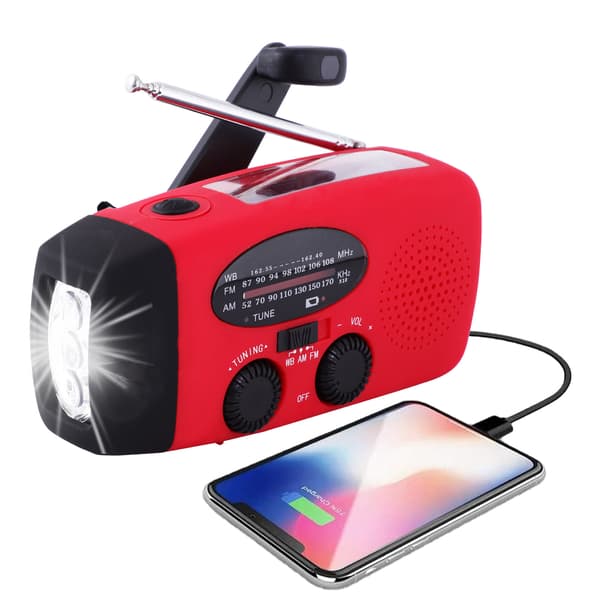 Punainen kampiradio Nödr Red aurinkokennoilla, taskulampulla ja 2000mAh virtapankilla