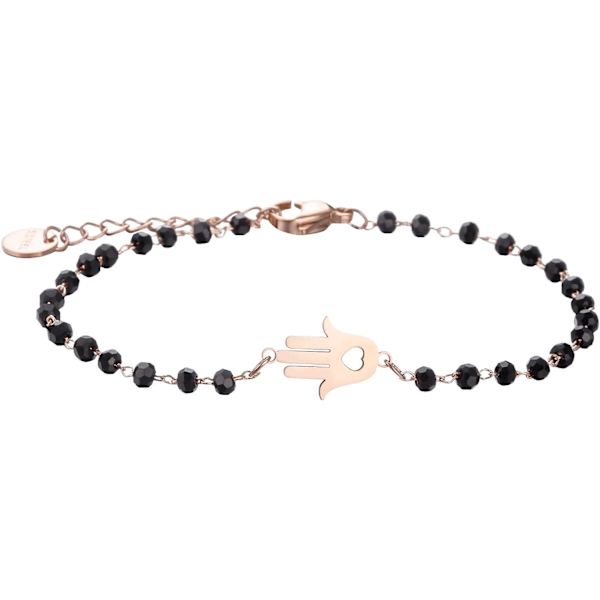 Palm Charm Armbånd i Rustfrit Stål med Sorte Perler - Enkelt Lykkearmbånd (Rosaguld) rose gold